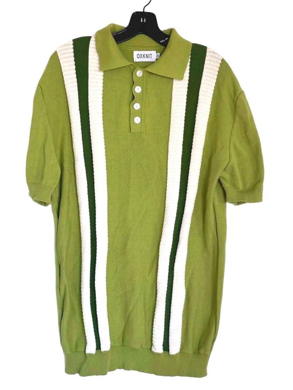 OXKNIT Men’s Green Cotton Knit Polo Shirt Retro Vertical Stripes - 2XL